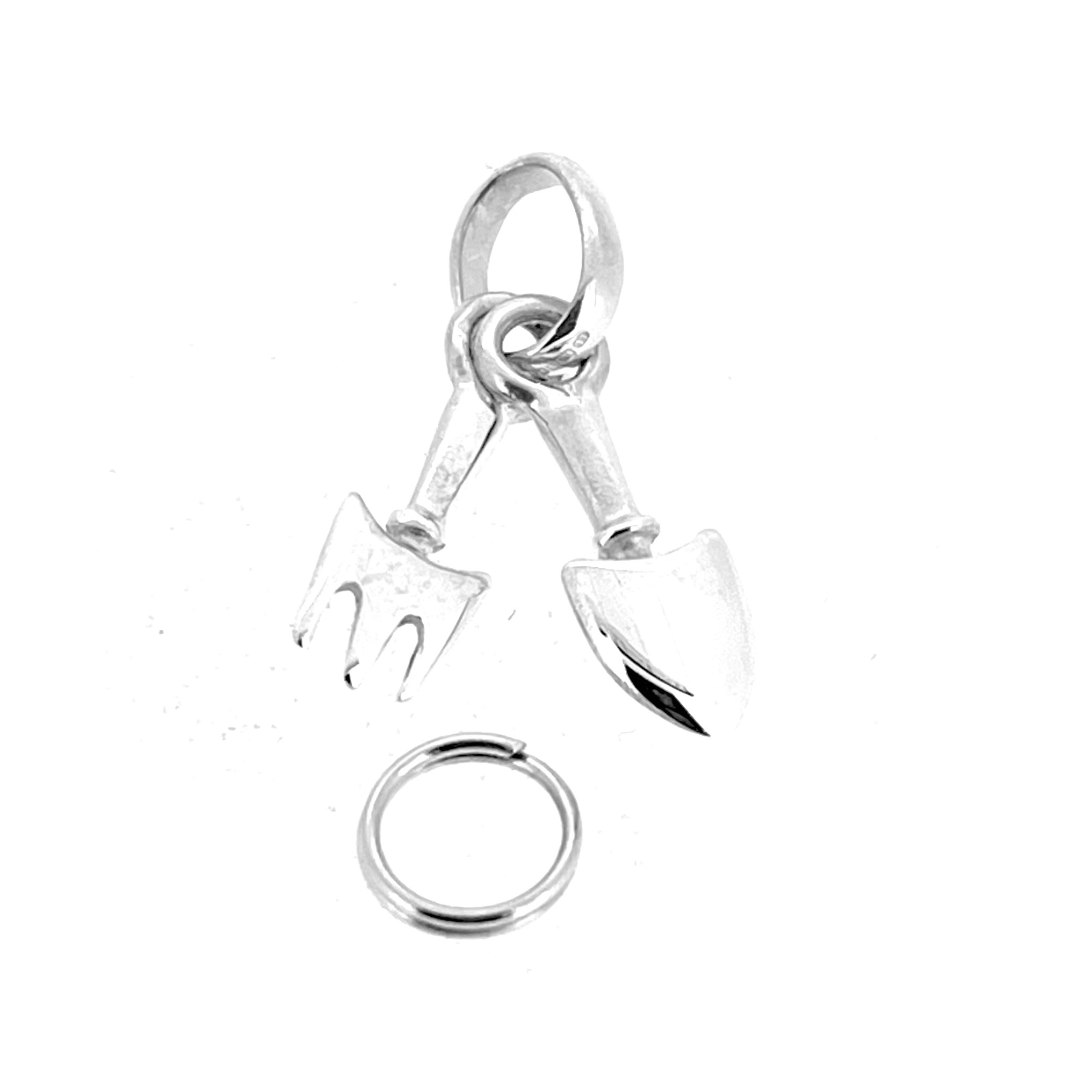 Close view of gardening tools charm with standard oval bail