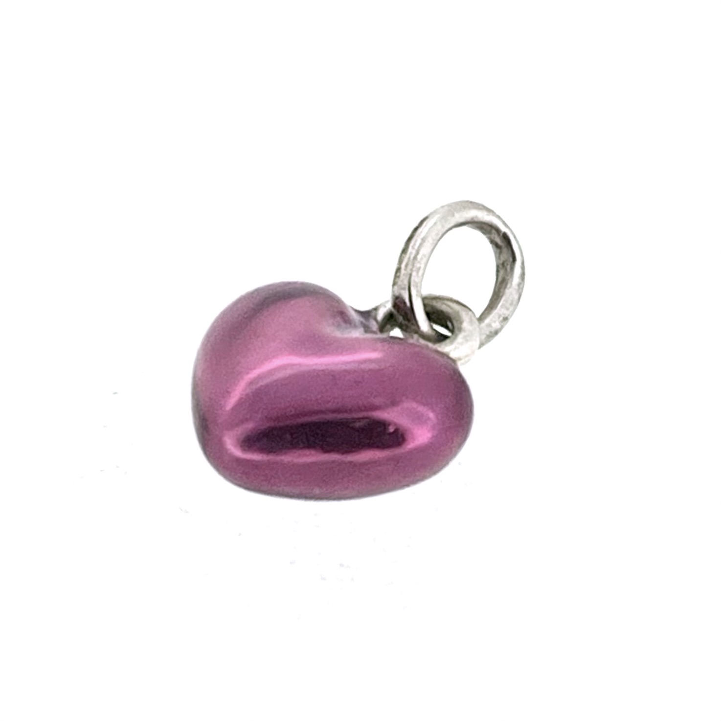 Side profile of silver and purple enamel heart charm showing 5mm thickness