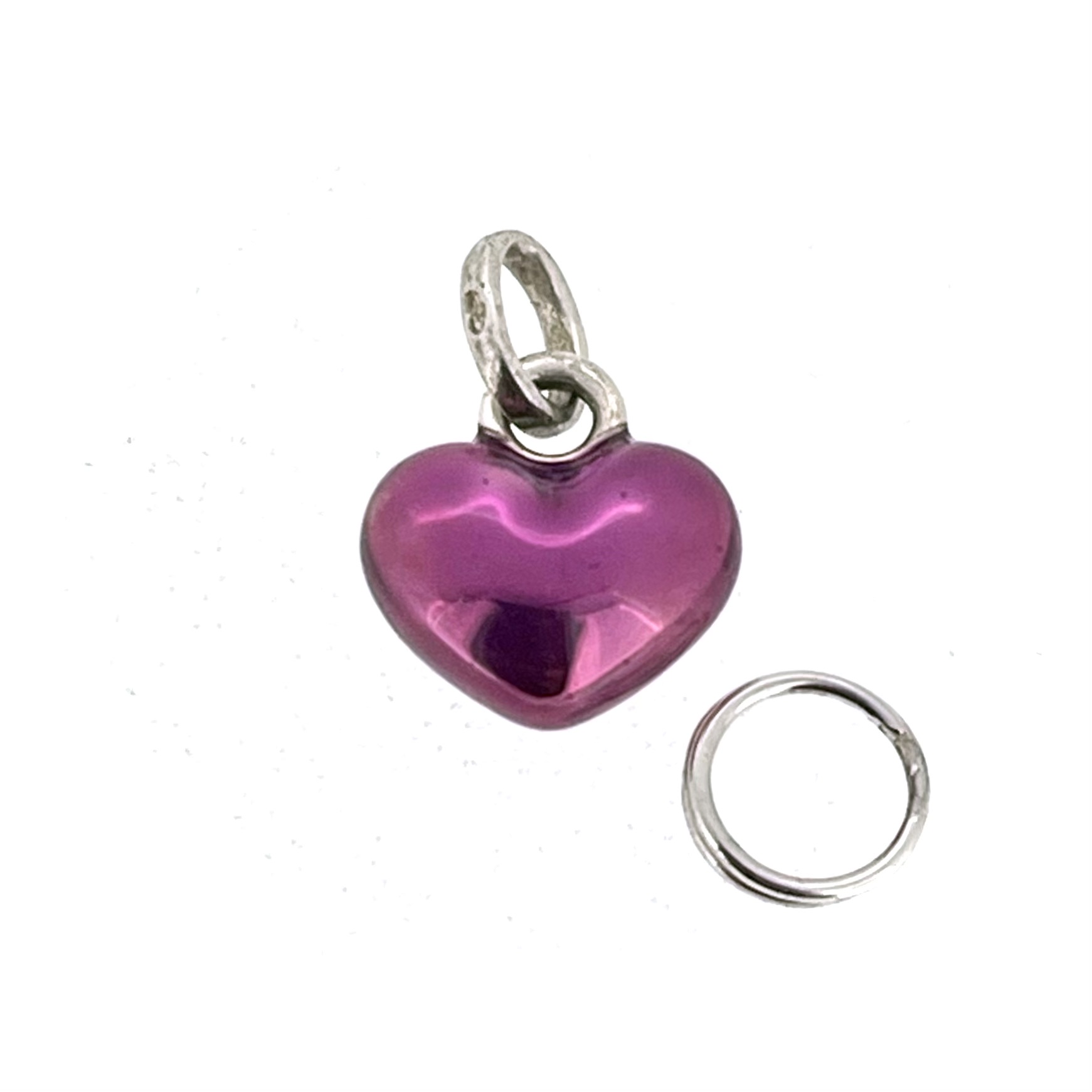 Small Links of London purple enamel heart charm with polished silver bail