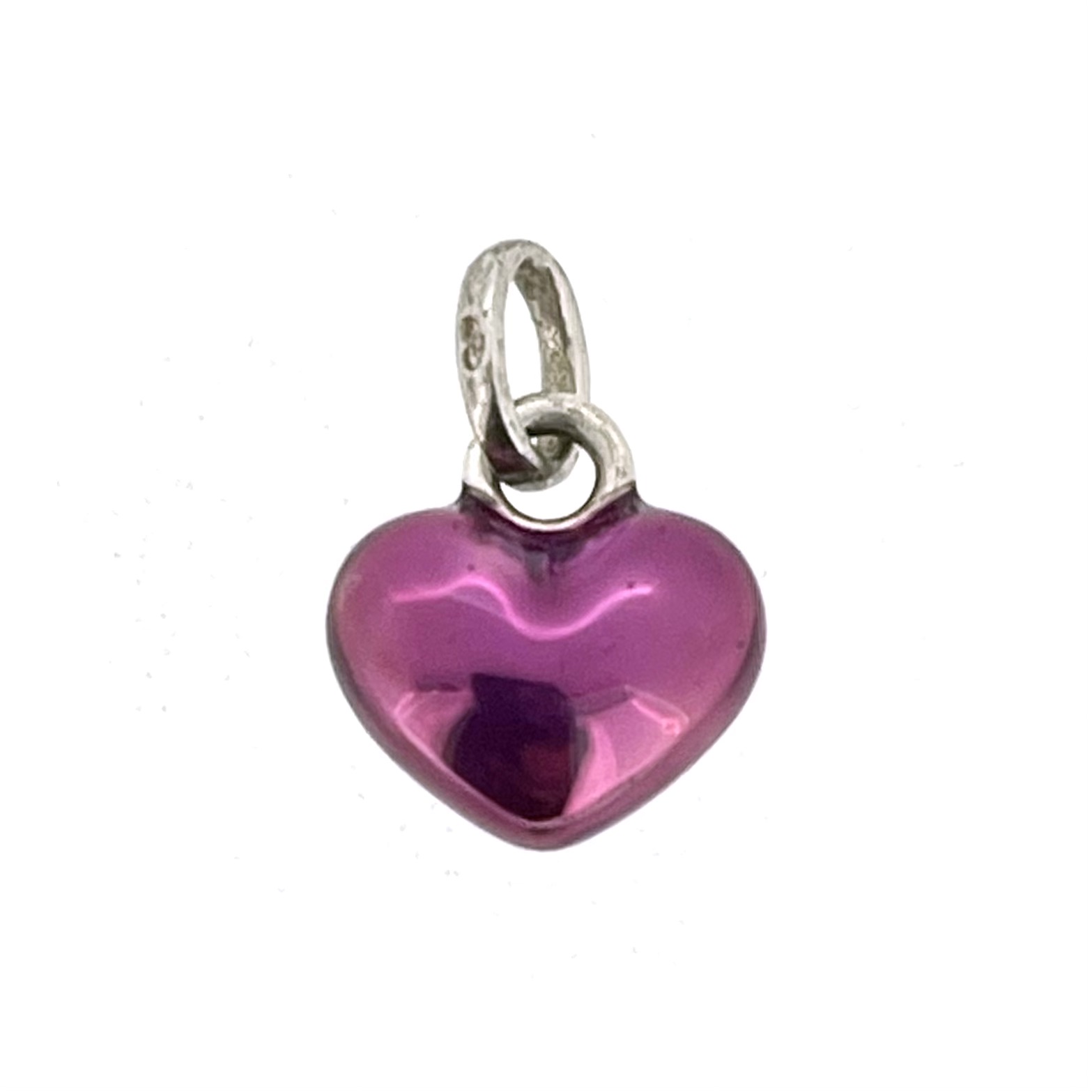 Vintage Links of London sterling silver mini puffed heart charm with purple enamel front view