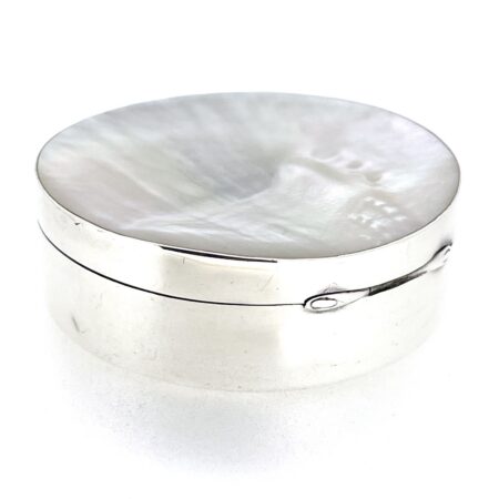 Vintage round silver keepsake box with shallow concave mother-of-pearl lid