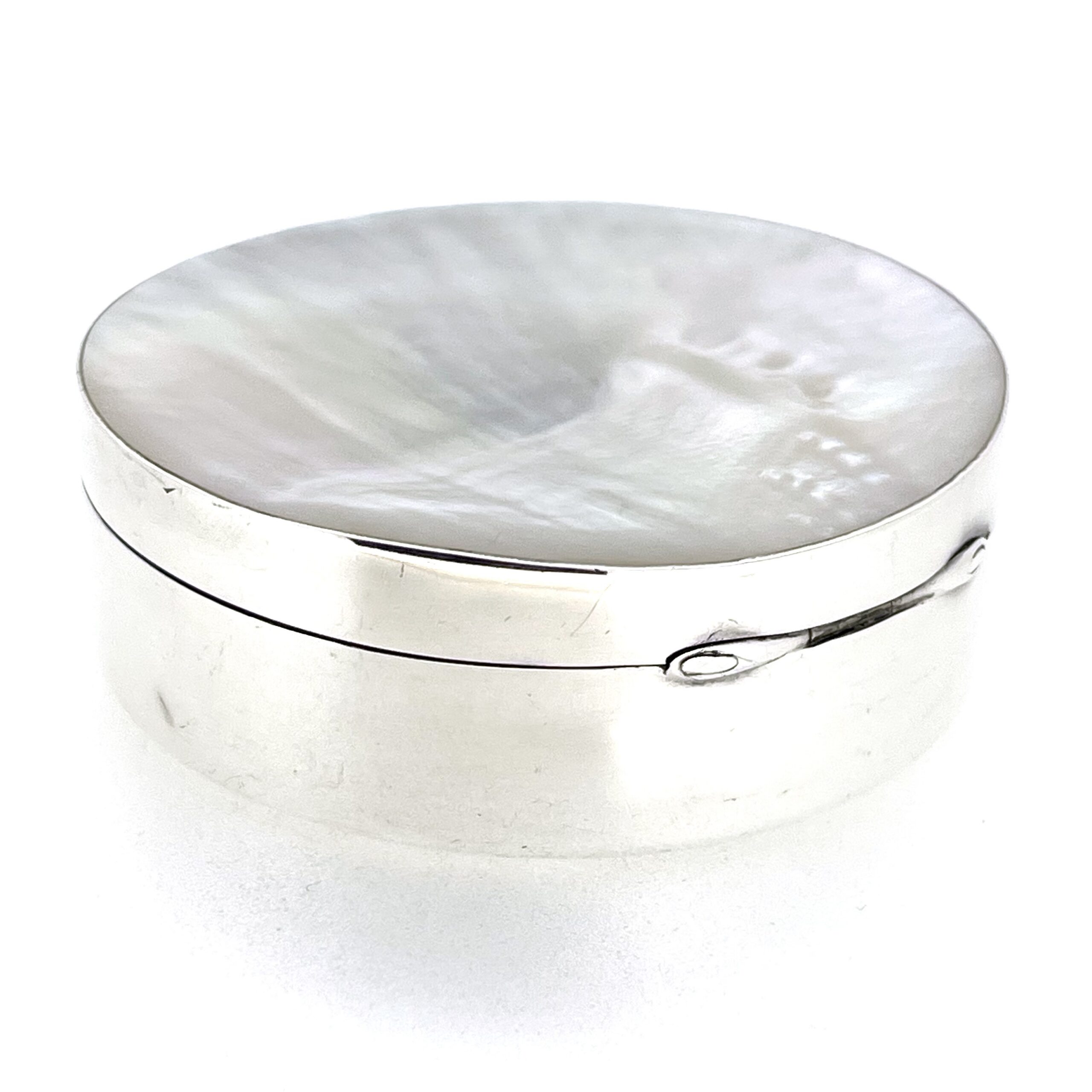 Vintage round silver keepsake box with shallow concave mother-of-pearl lid