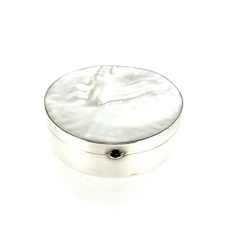 Round Links of London silver trinket box with mother-of-pearl lid