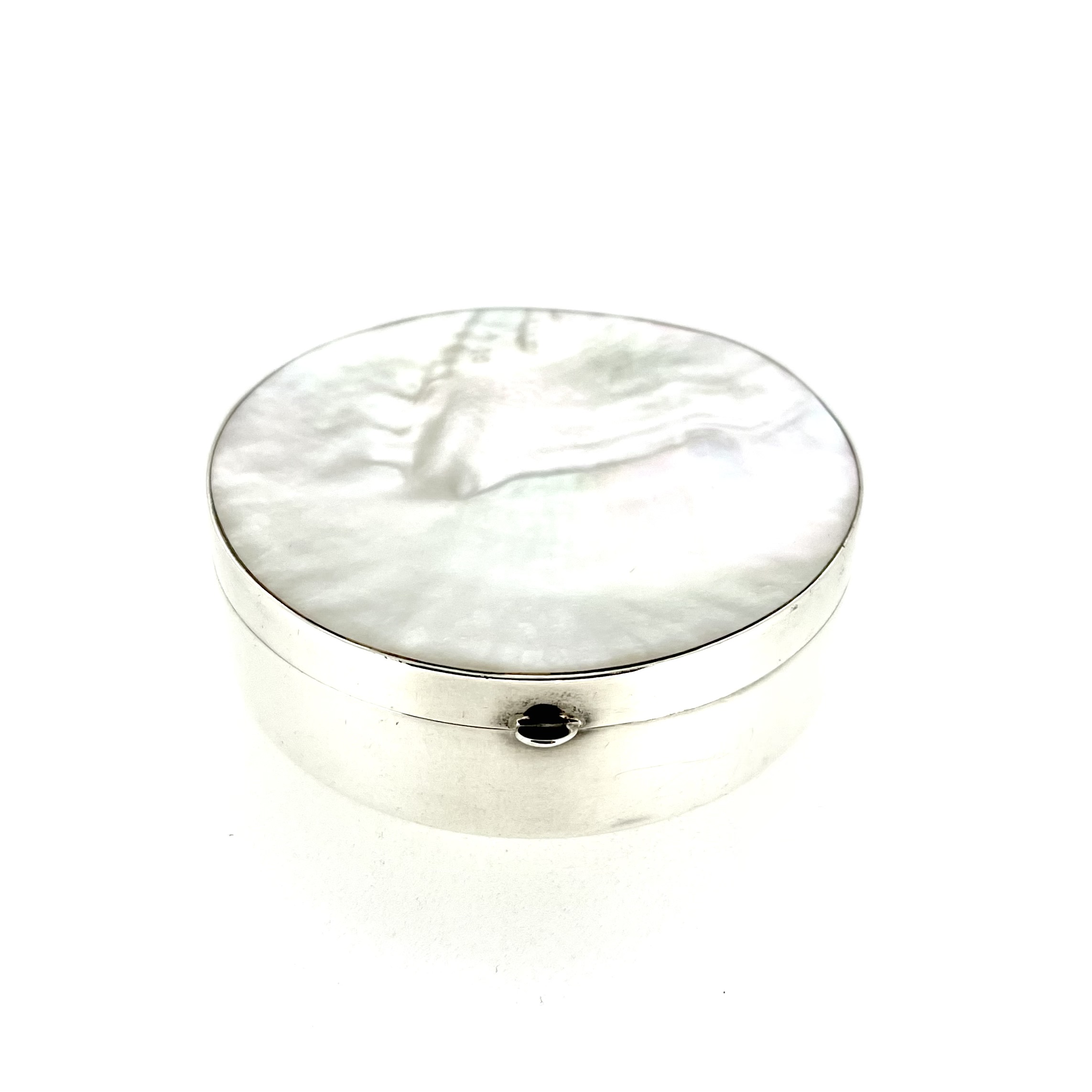 Round Links of London silver trinket box with mother-of-pearl lid