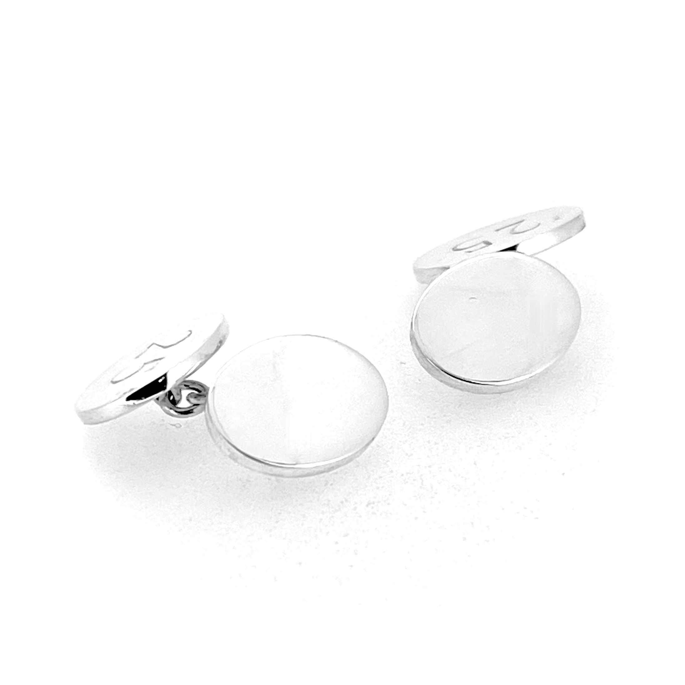 Reversible Links of London silver cufflinks showing polished and engraved sides