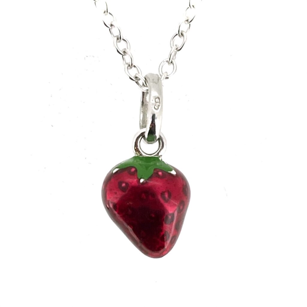 Vintage Links of London Strawberry necklace in sterling silver with red and green enamel
