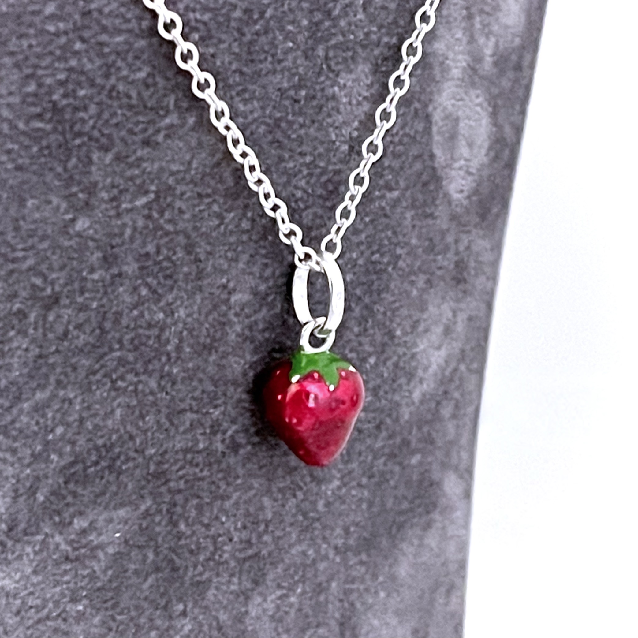 Vintage sterling silver strawberry necklace with red enamel fruit