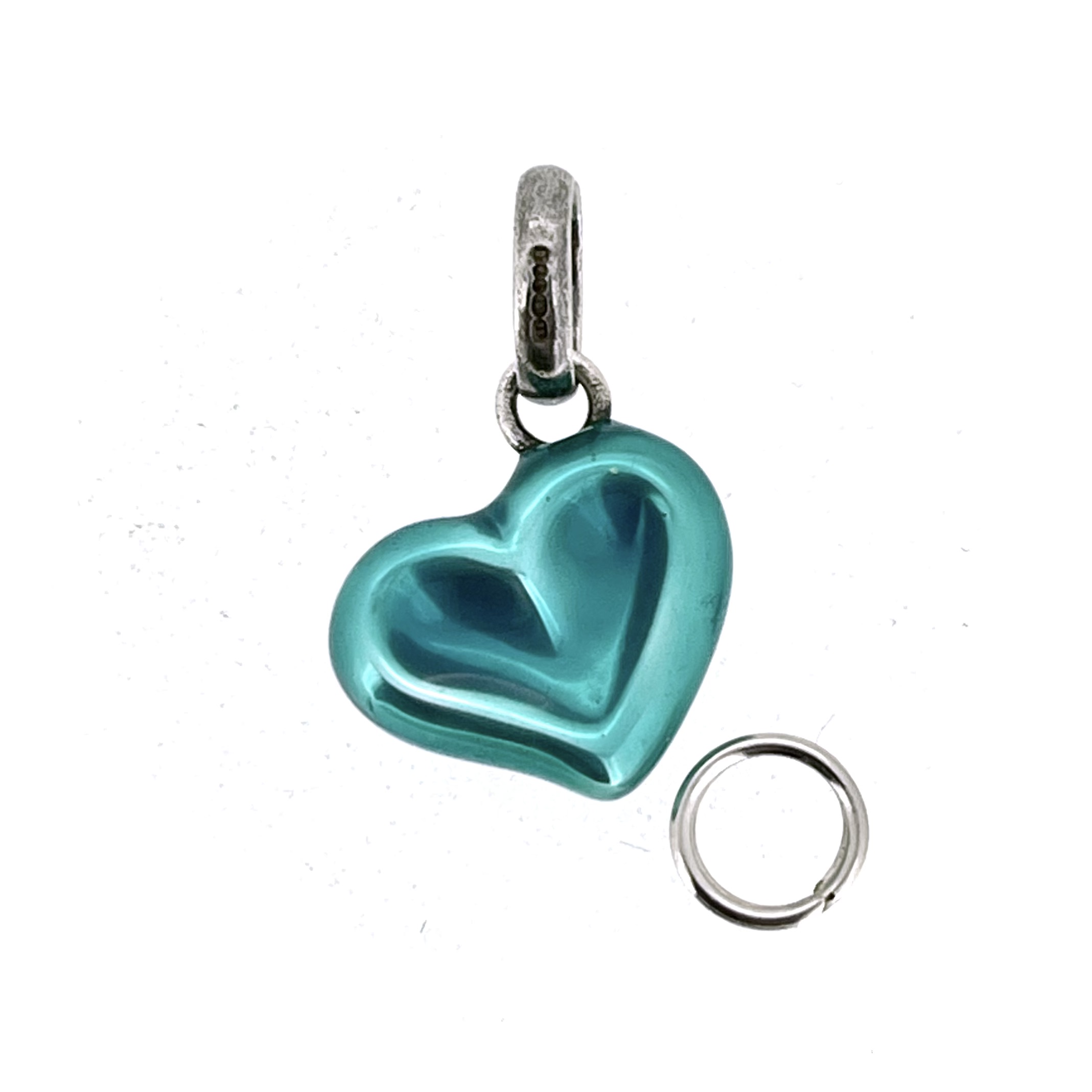 Sterling silver thumbprint heart charm turquoise enamel detail