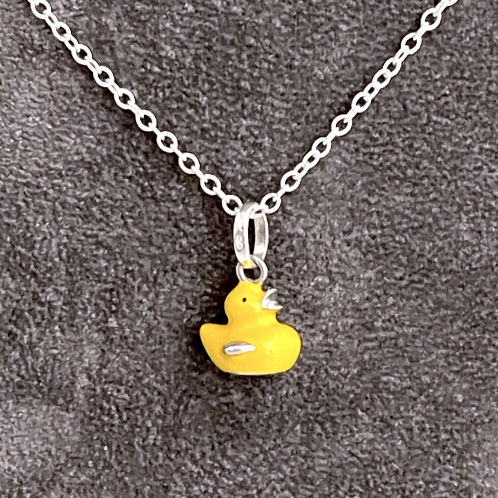 Vintage sterling silver duck necklace with bright yellow enamel