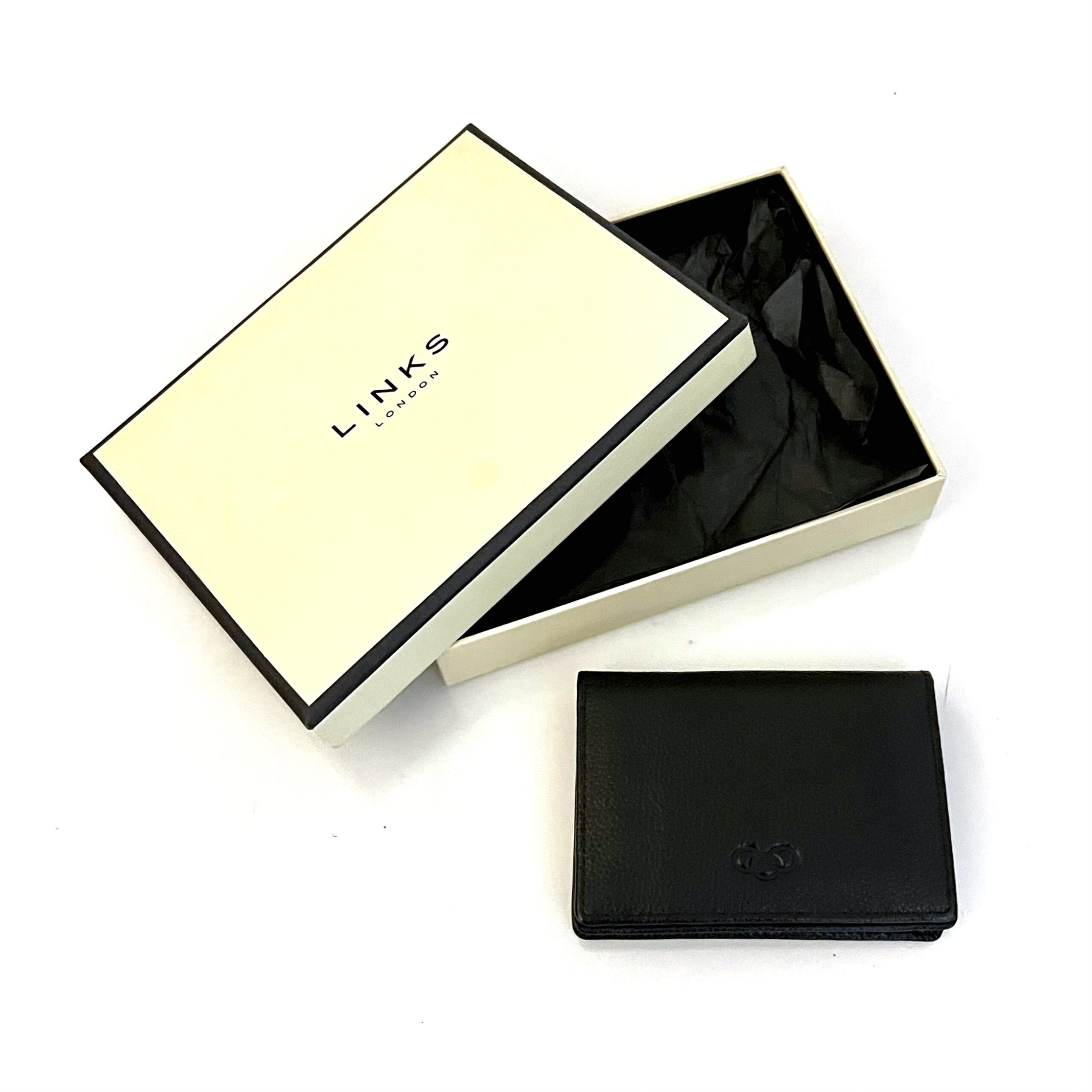 Vintage Links of London black leather card and coin wallet with original box