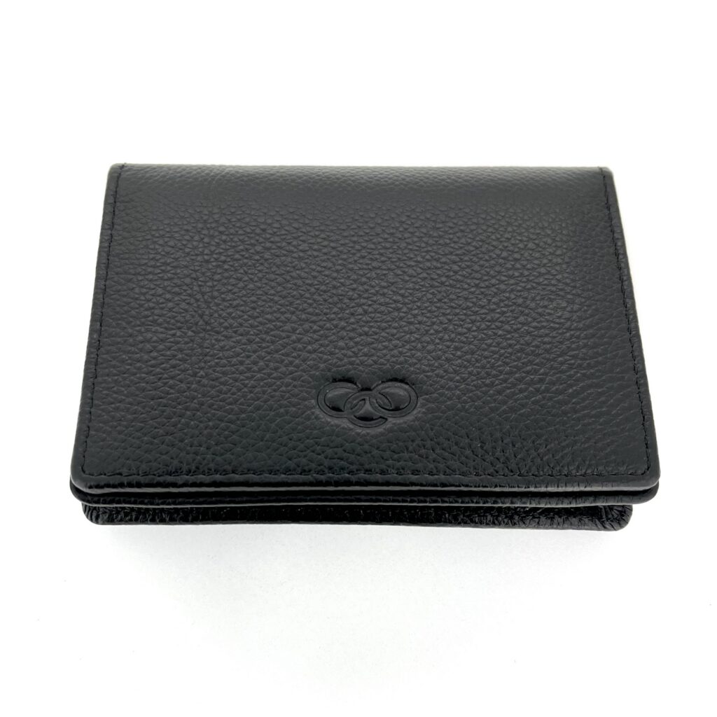 Links of London black leather wallet with embossed three-ring logo