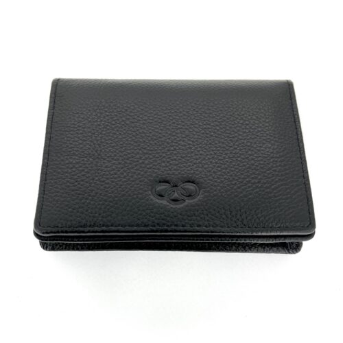 Links of London black leather wallet with embossed three-ring logo
