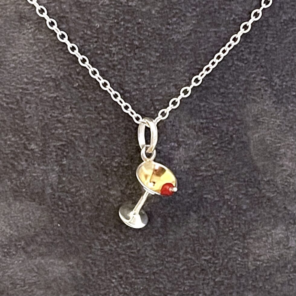 Vintage sterling silver cocktail glass necklace with red enamel cherry