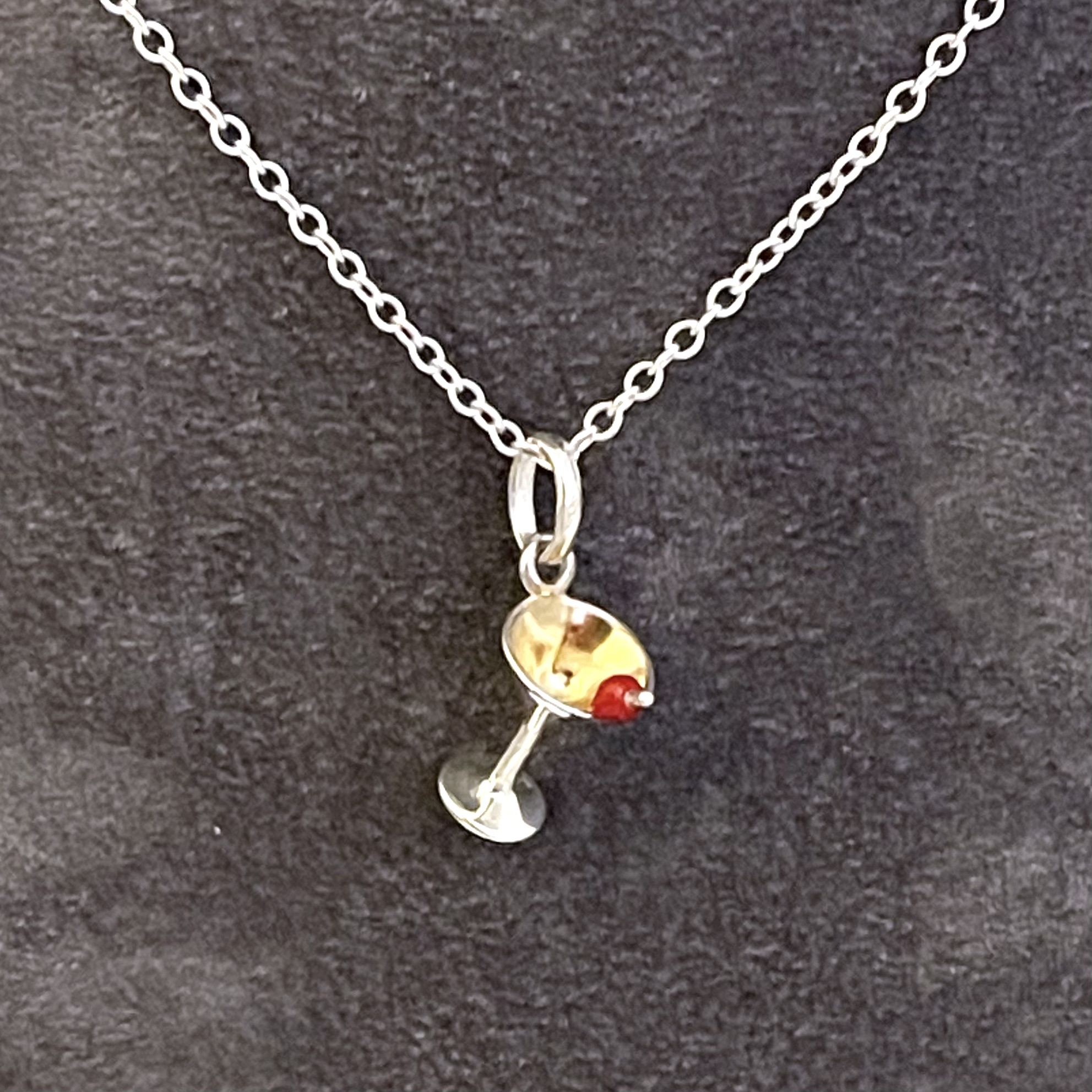 Vintage sterling silver cocktail glass necklace with red enamel cherry
