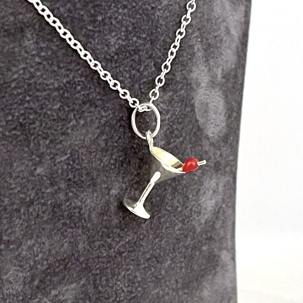 Sterling silver martini glass necklace with red cherry front view
