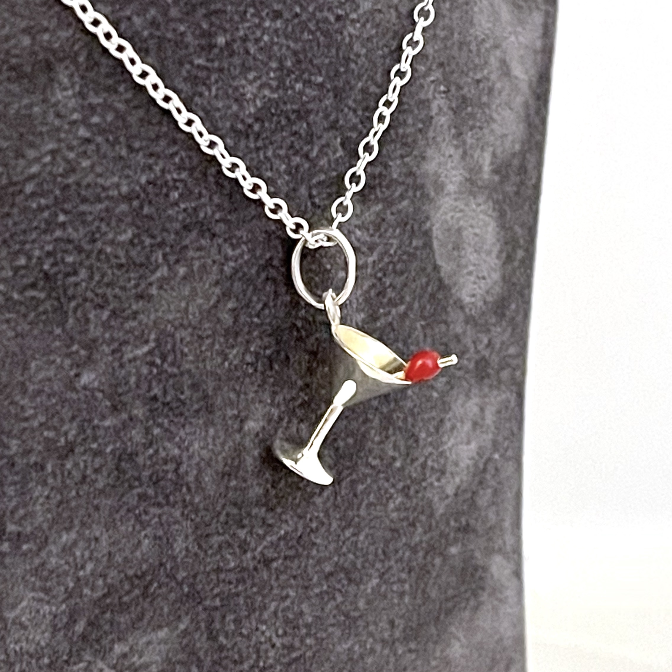 Sterling silver martini glass necklace with red cherry front view