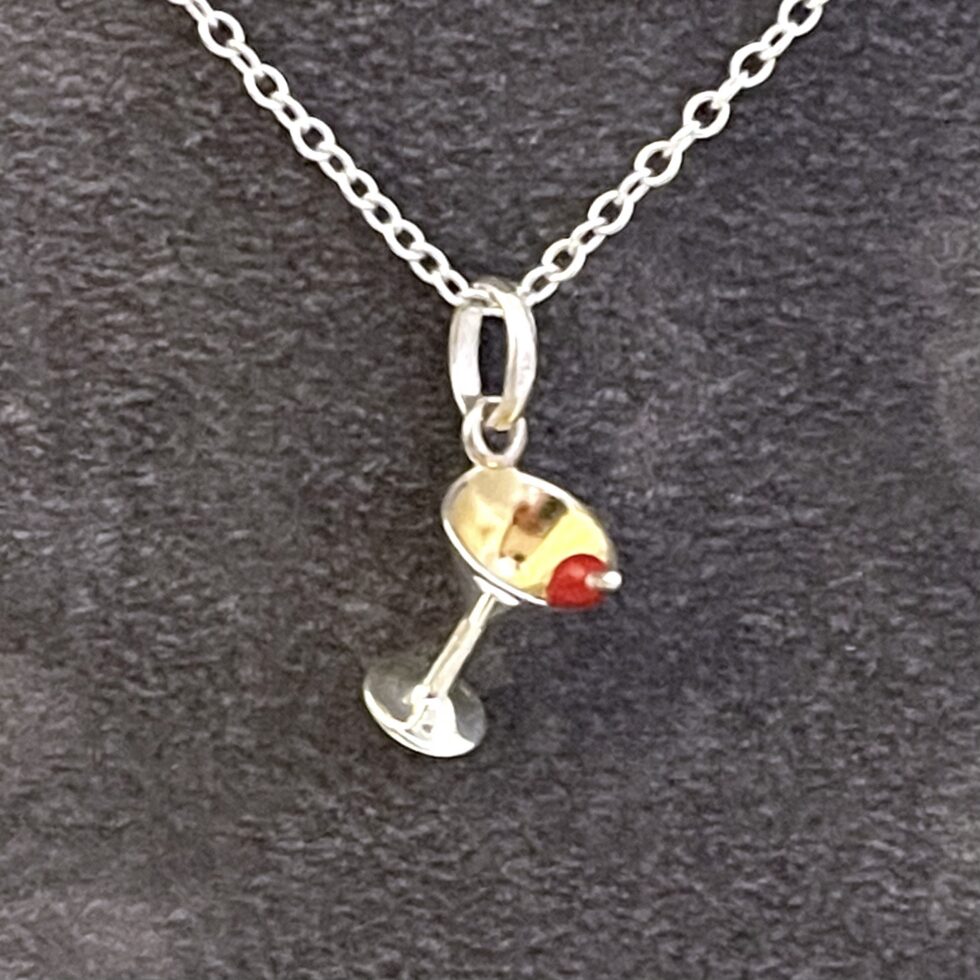 Vintage Links of London Cocktail Martini Glass necklace in sterling silver with red enamel