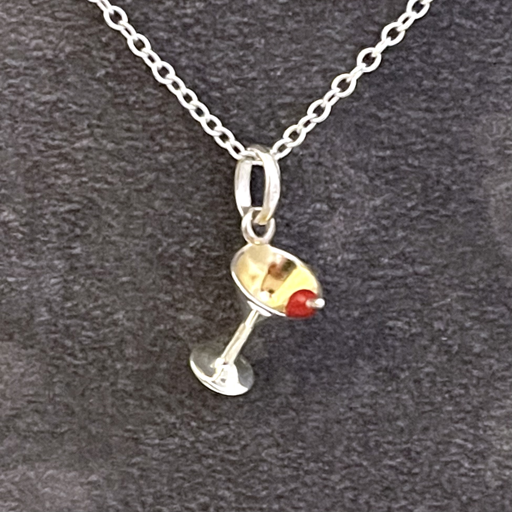 Vintage Links of London Cocktail Martini Glass necklace in sterling silver with red enamel