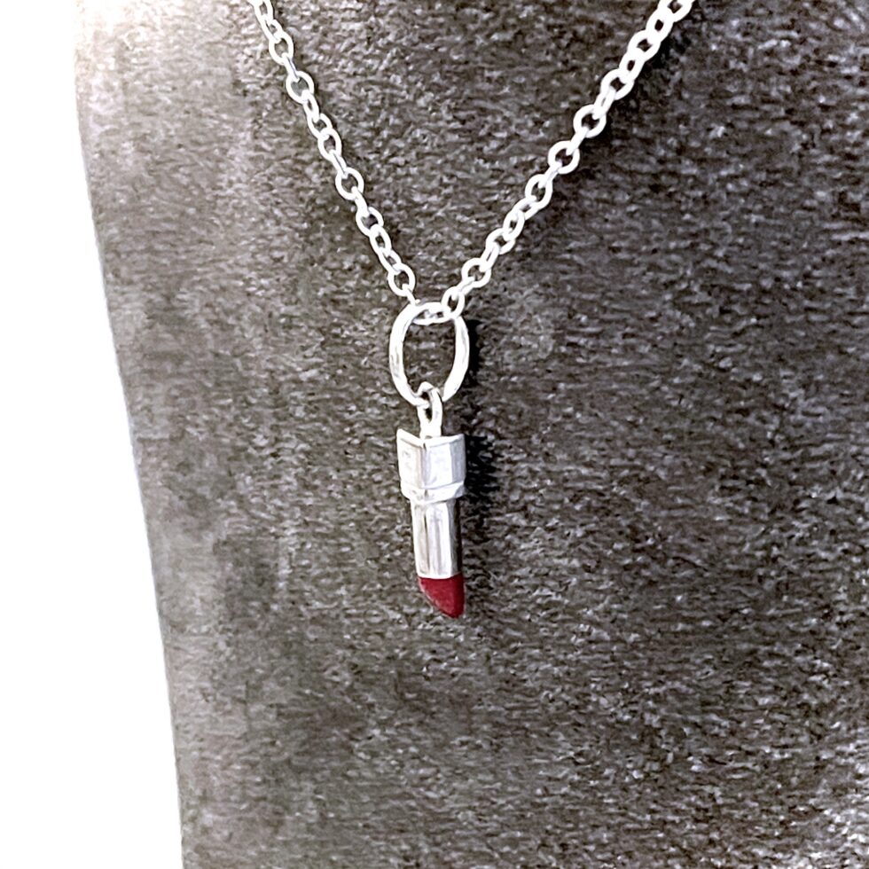 Vintage sterling silver lipstick charm necklace with red enamel detail