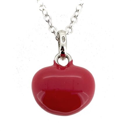 Red enamel heart necklace front view in sterling silver