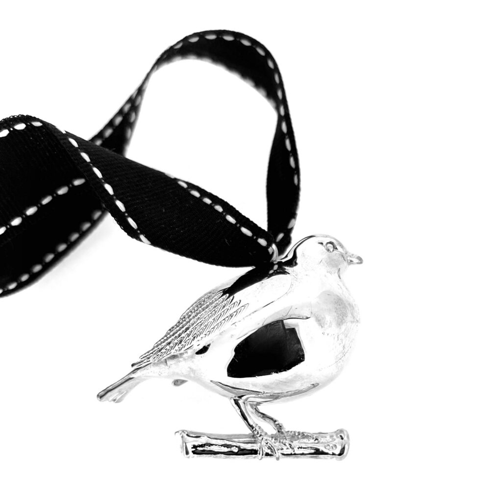 Silver plated Links of London robin bauble with black ribbon