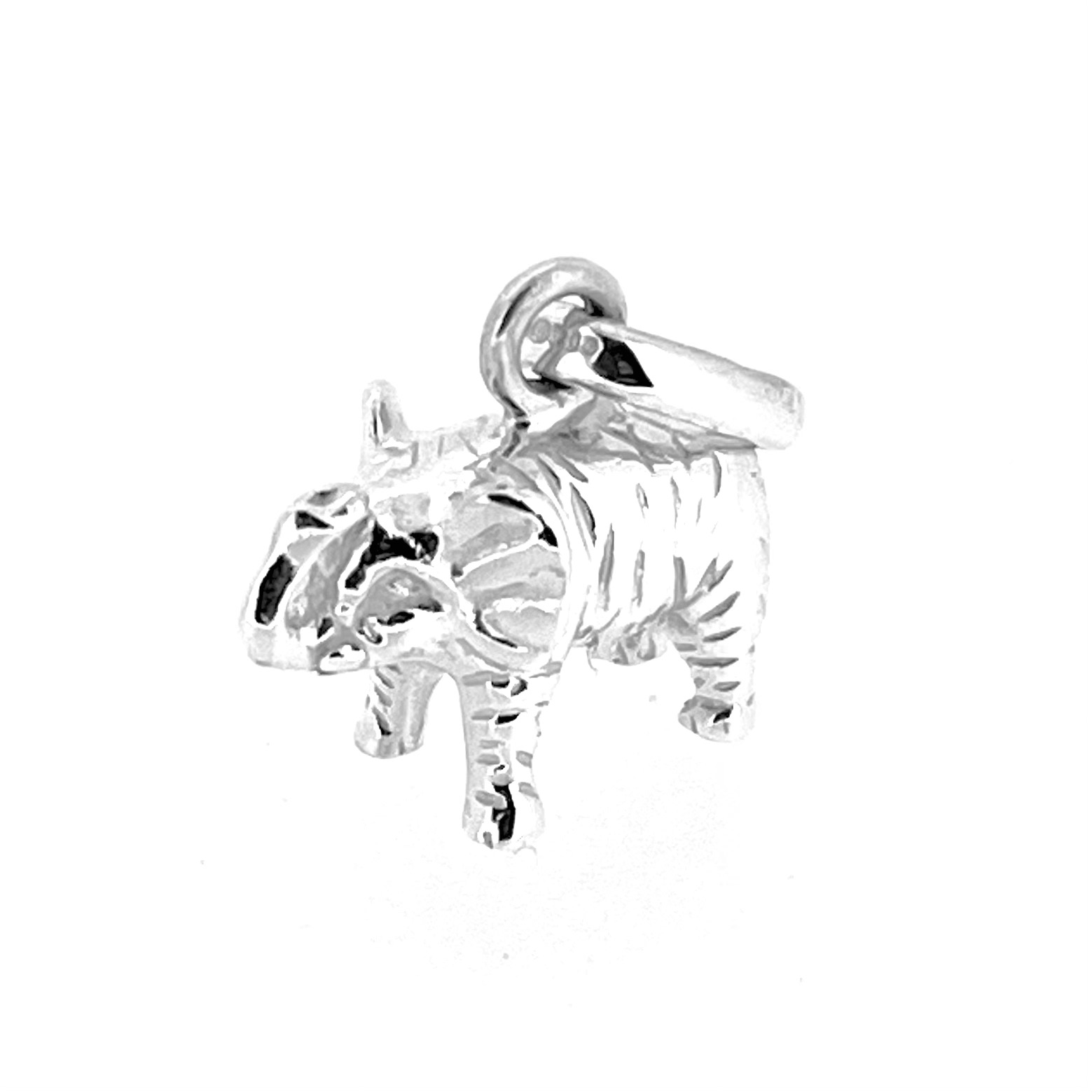 Vintage elephant charm with raised trunk and polished silver finish