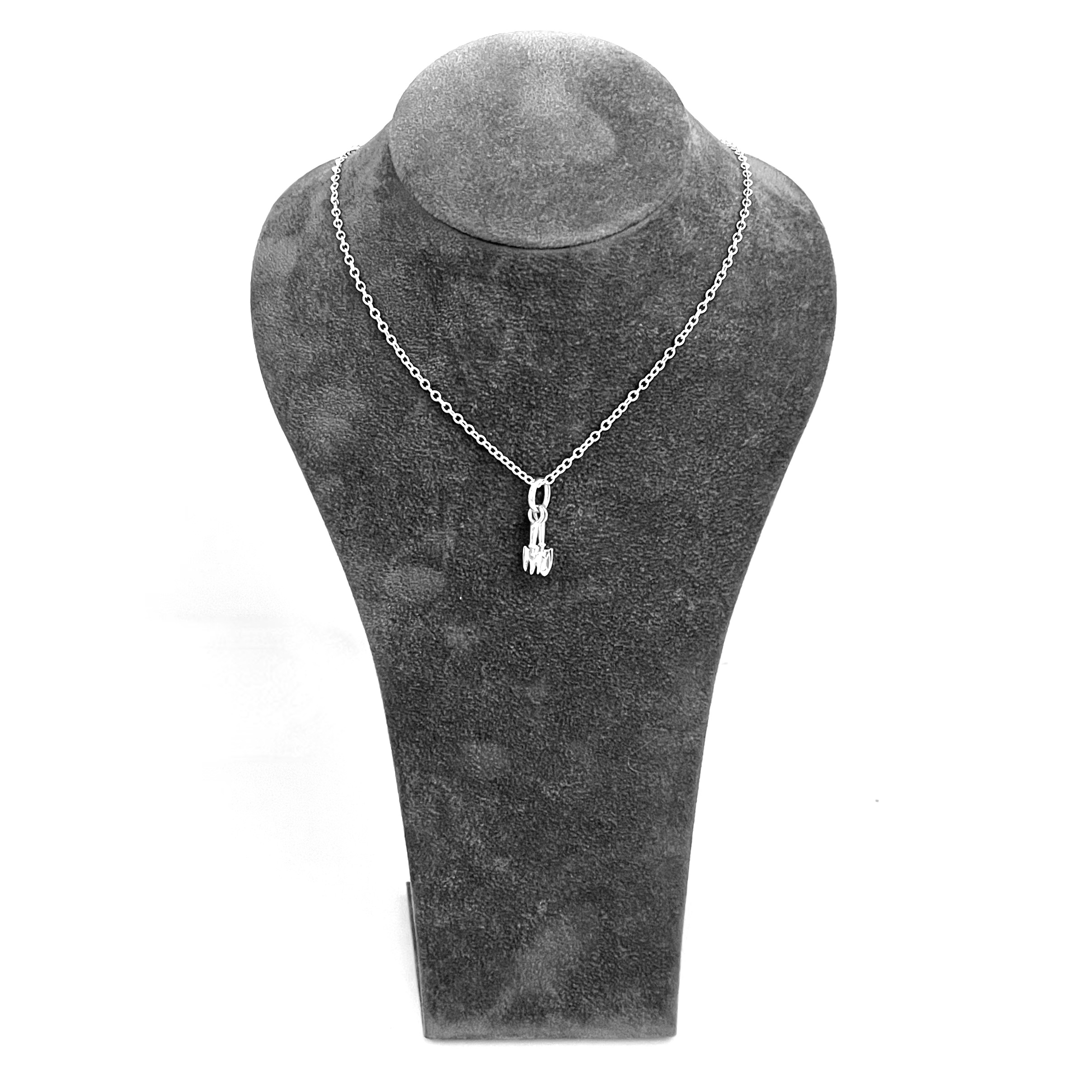 Small sterling silver gardening tools necklace front view