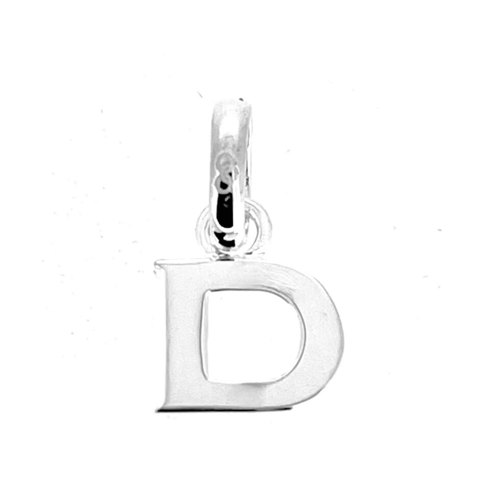 Close view of oval bail on sterling silver initial D charm