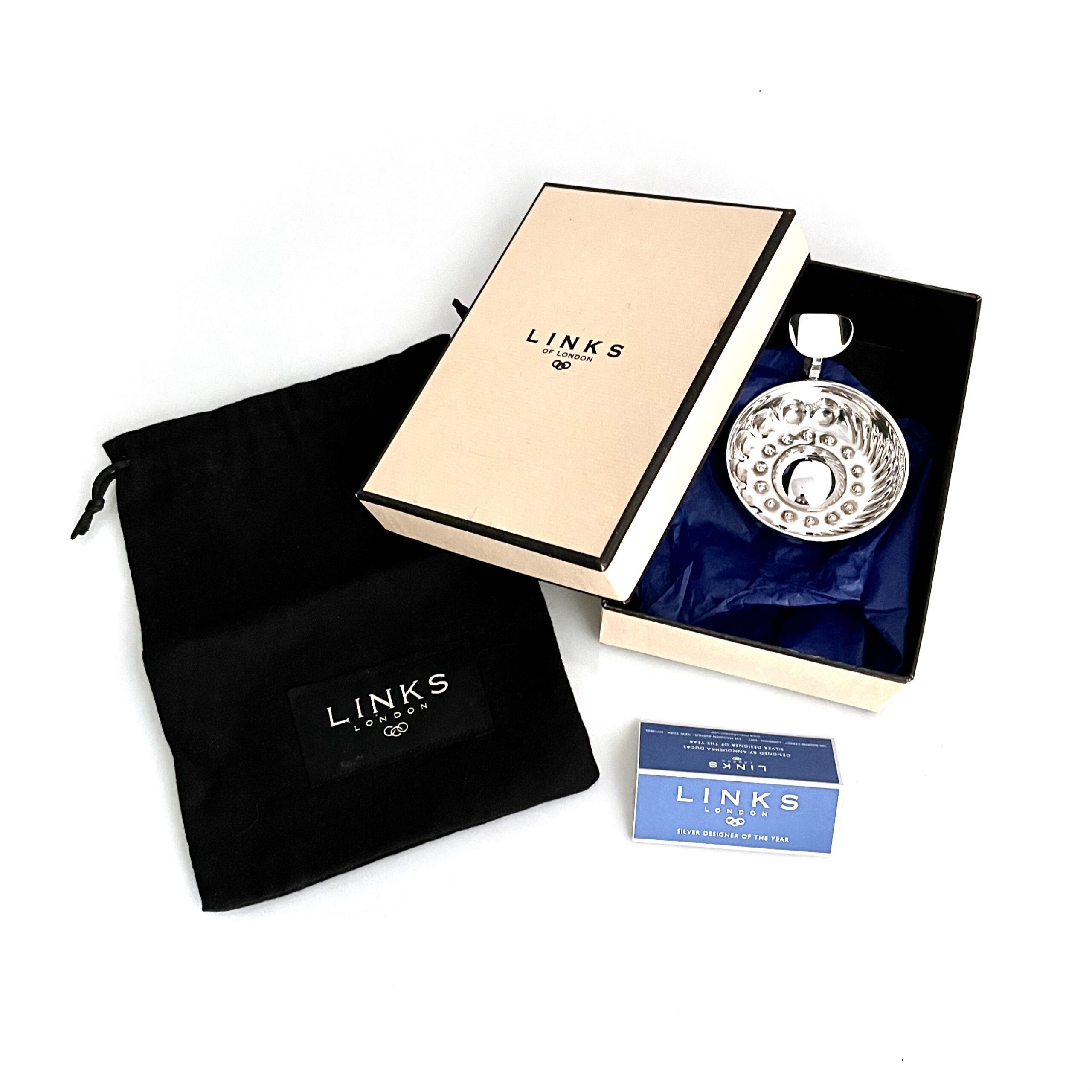Vintage Links of London sterling silver sommelier tastevin with original dust bag and gift box