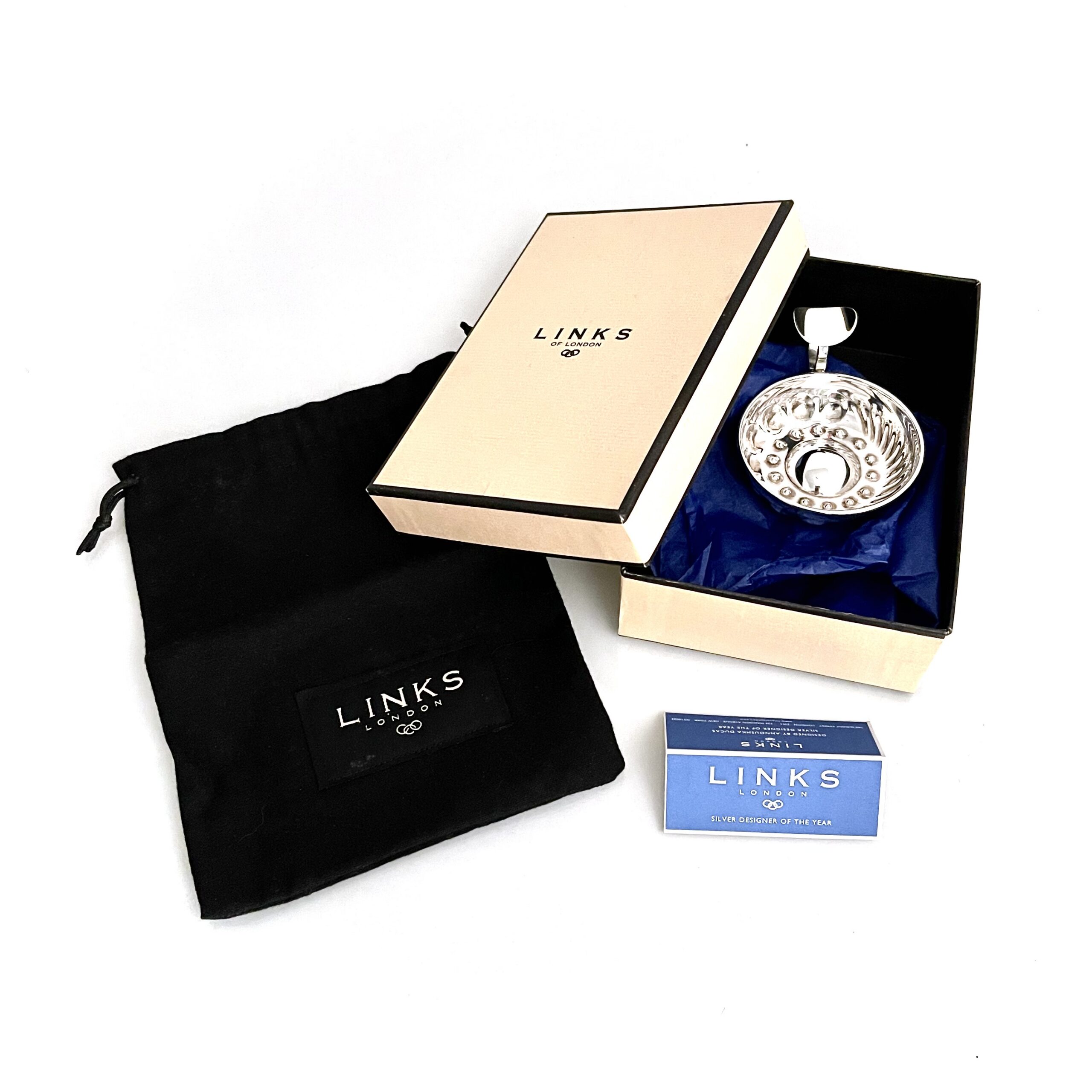 Vintage Links of London sterling silver sommelier tastevin with original dust bag and gift box