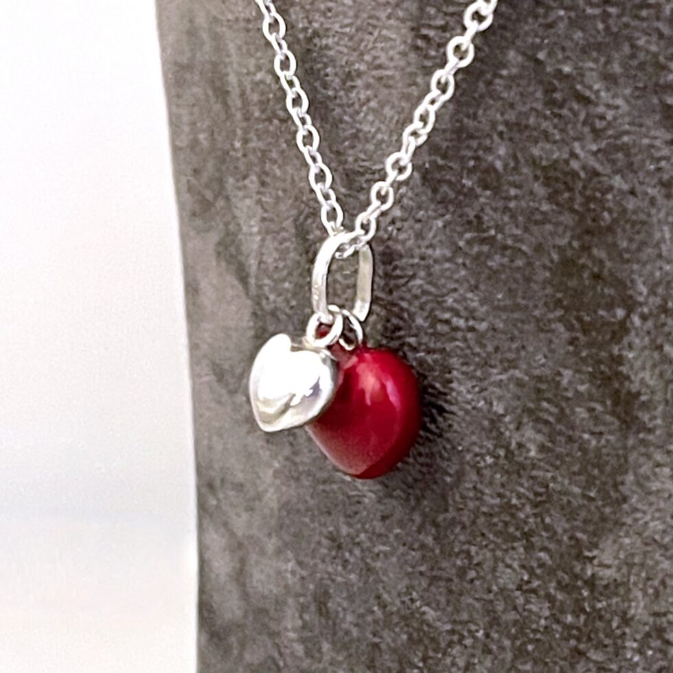 Vintage sterling silver heart necklace with red enamel large heart