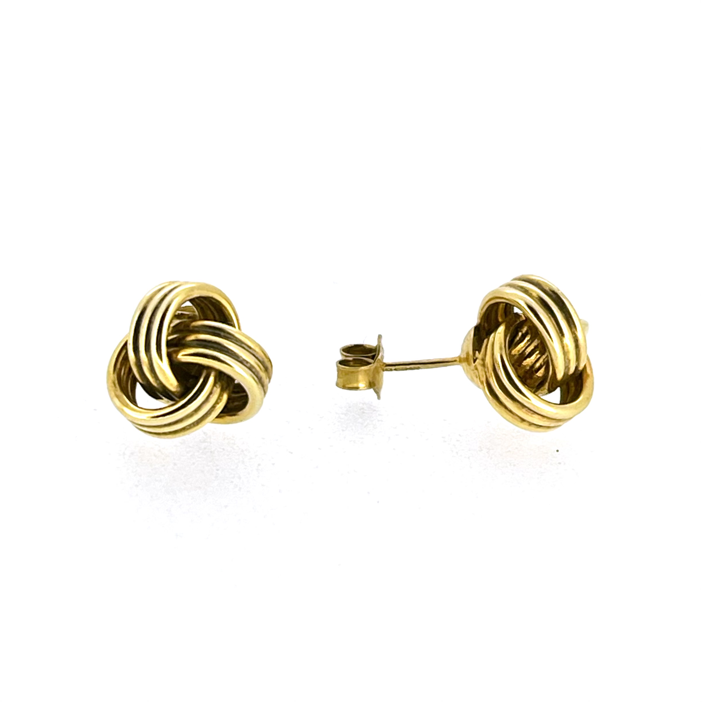 Front angle of vintage knot stud earrings in yellow gold vermeil