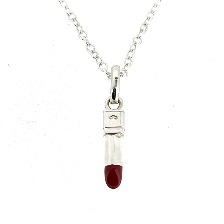 Vintage Links of London Lipstick Charm Necklace in Sterling Silver with Red Enamel