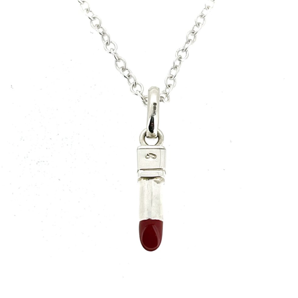 Vintage Links of London Lipstick Charm Necklace in Sterling Silver with Red Enamel