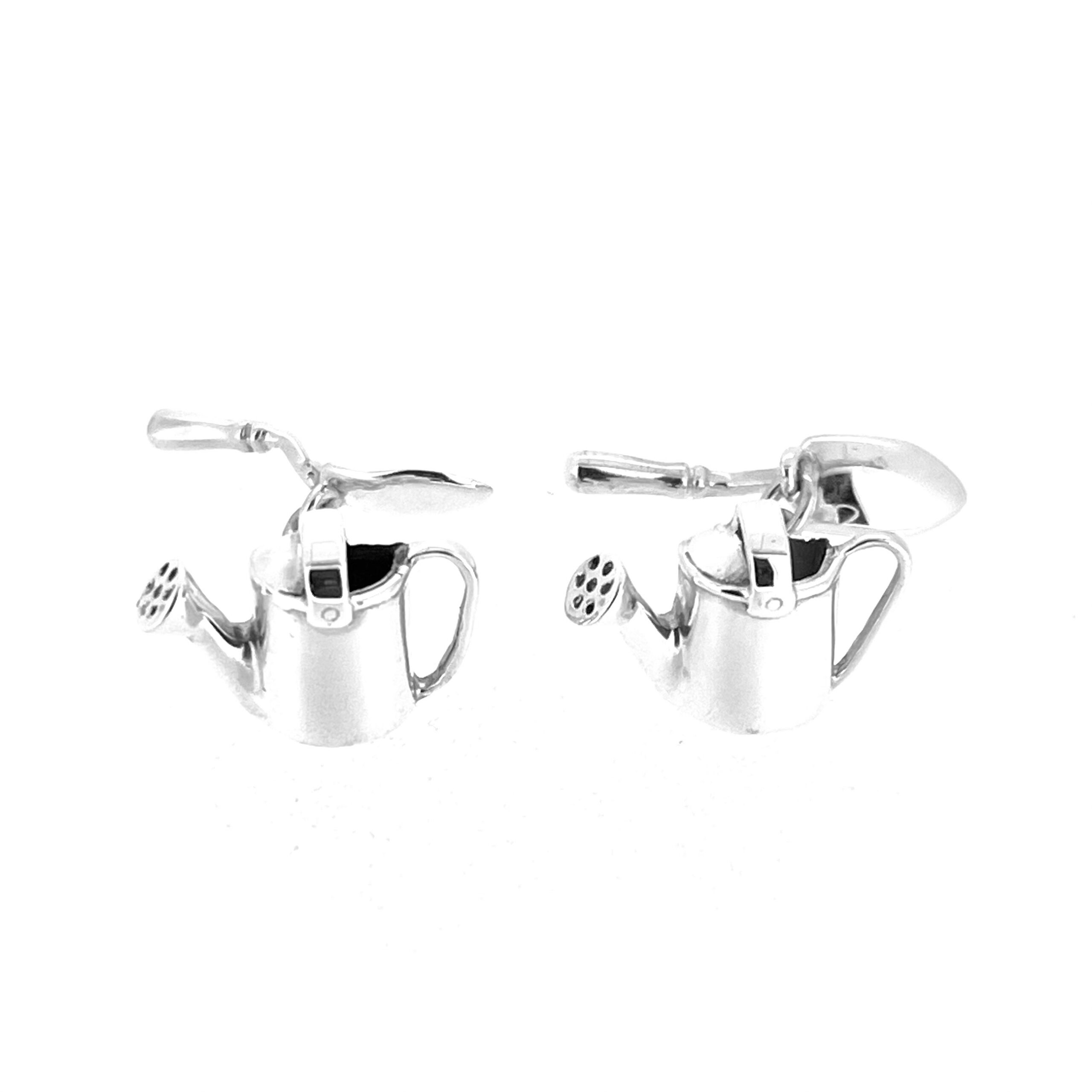 Vintage Links of London sterling silver gardening cufflinks with watering can and trowel motifs