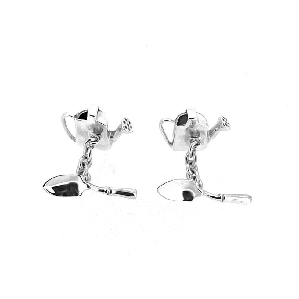 Links of London gardening cufflinks showing watering can detail and silver trowel