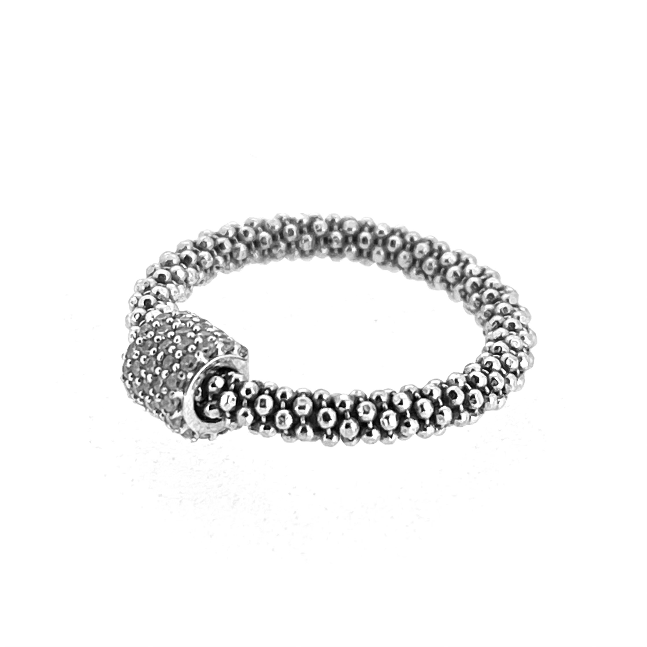 Close view of Links of London beaded silver ring with crystal centre