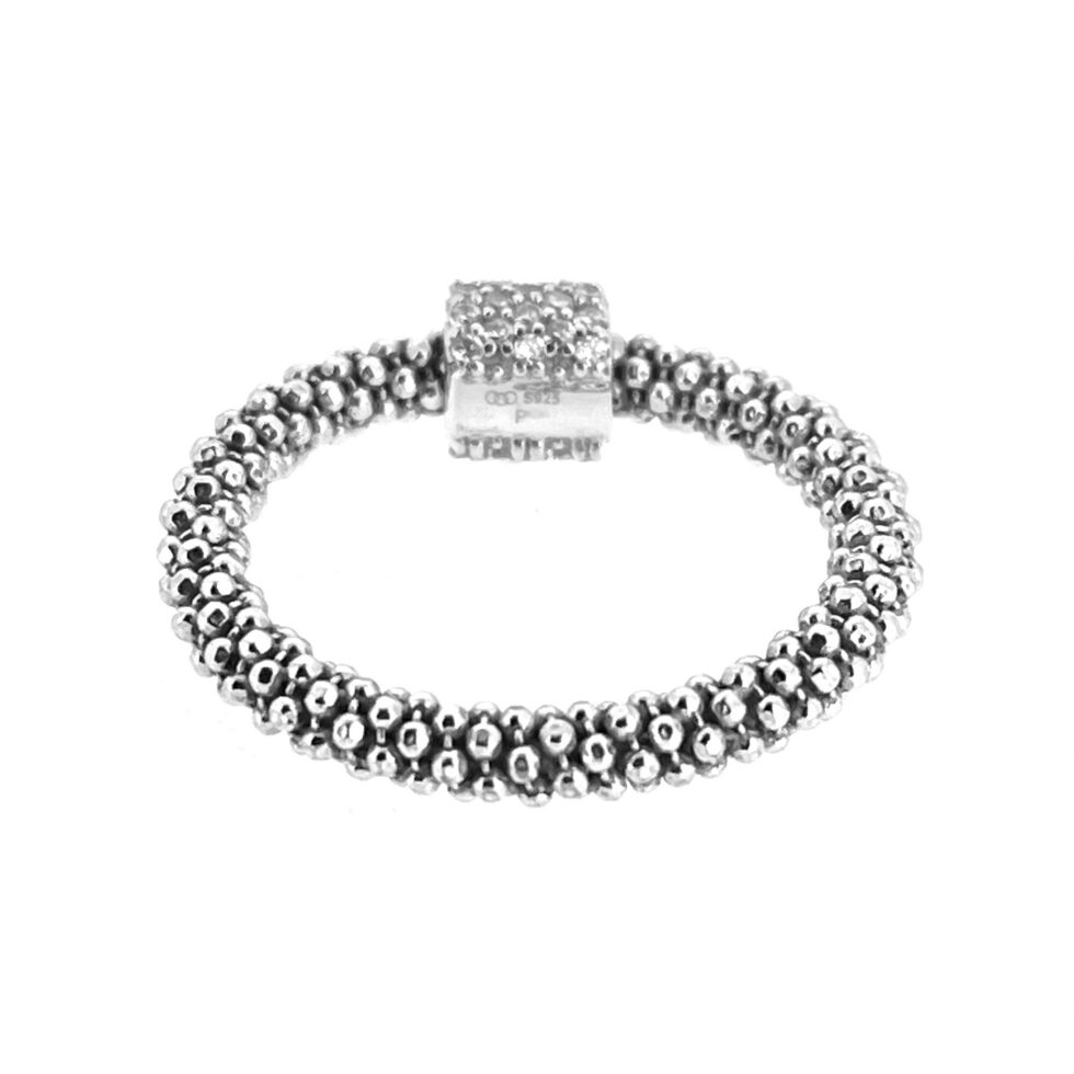 Links of London sterling silver ring with clear crystal-set bead and beaded band