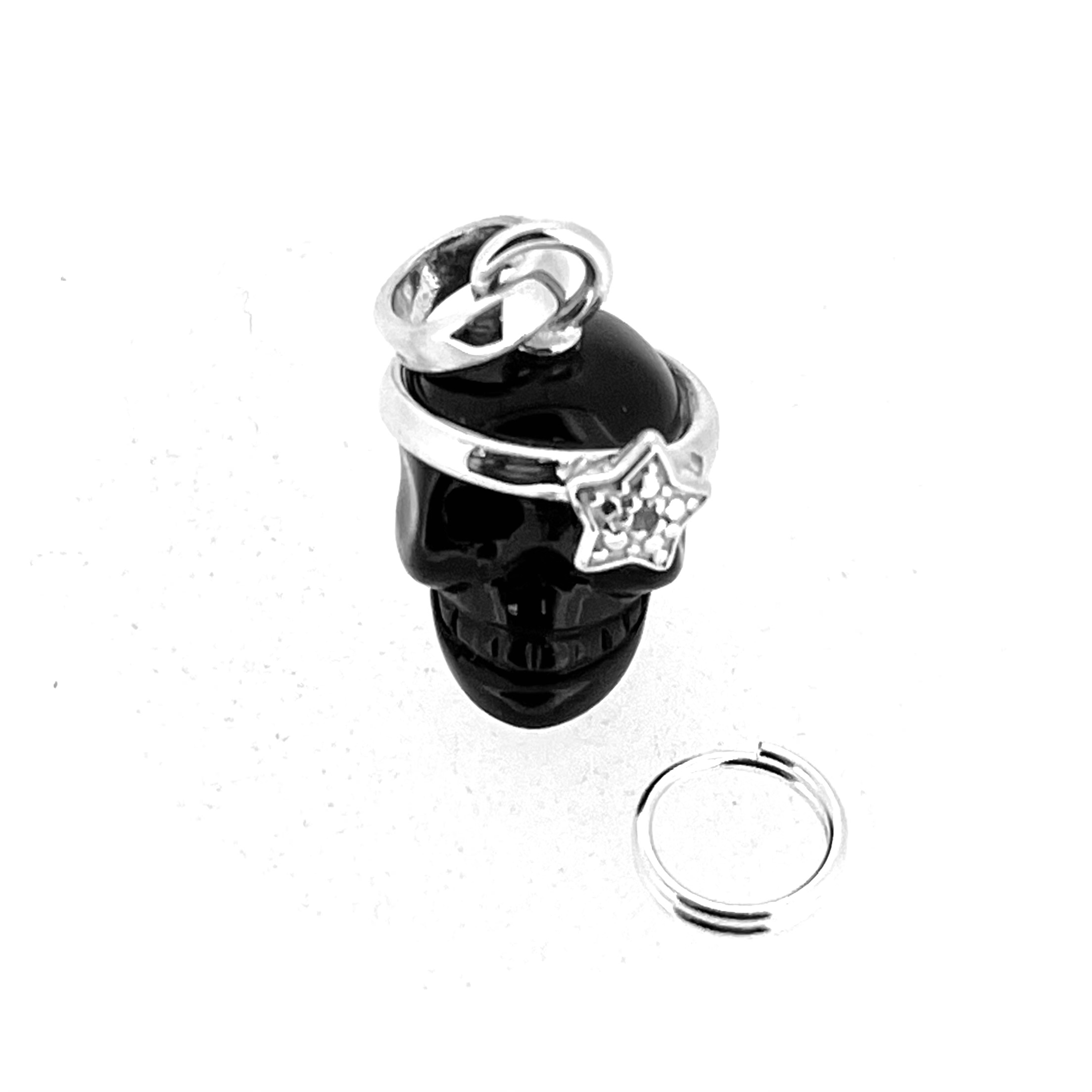 Polished black agate skull charm in sterling silver