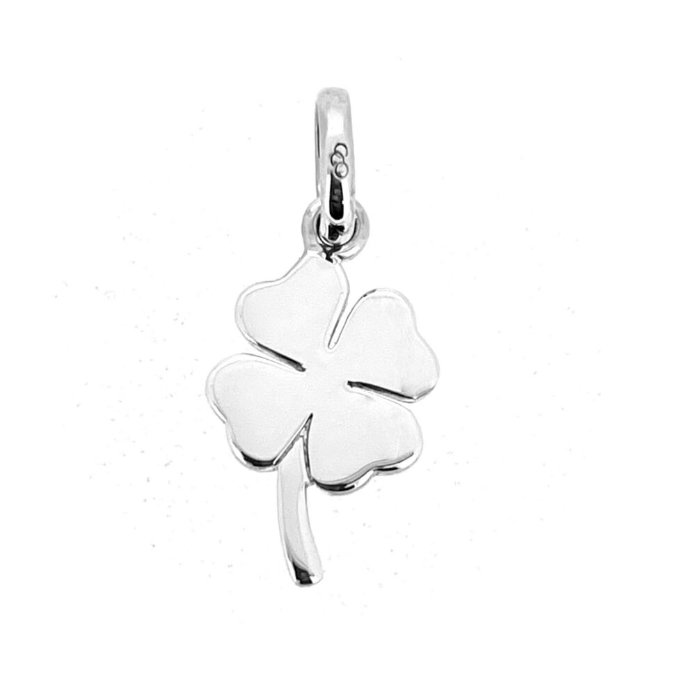 Polished silver four leaf clover charm front view