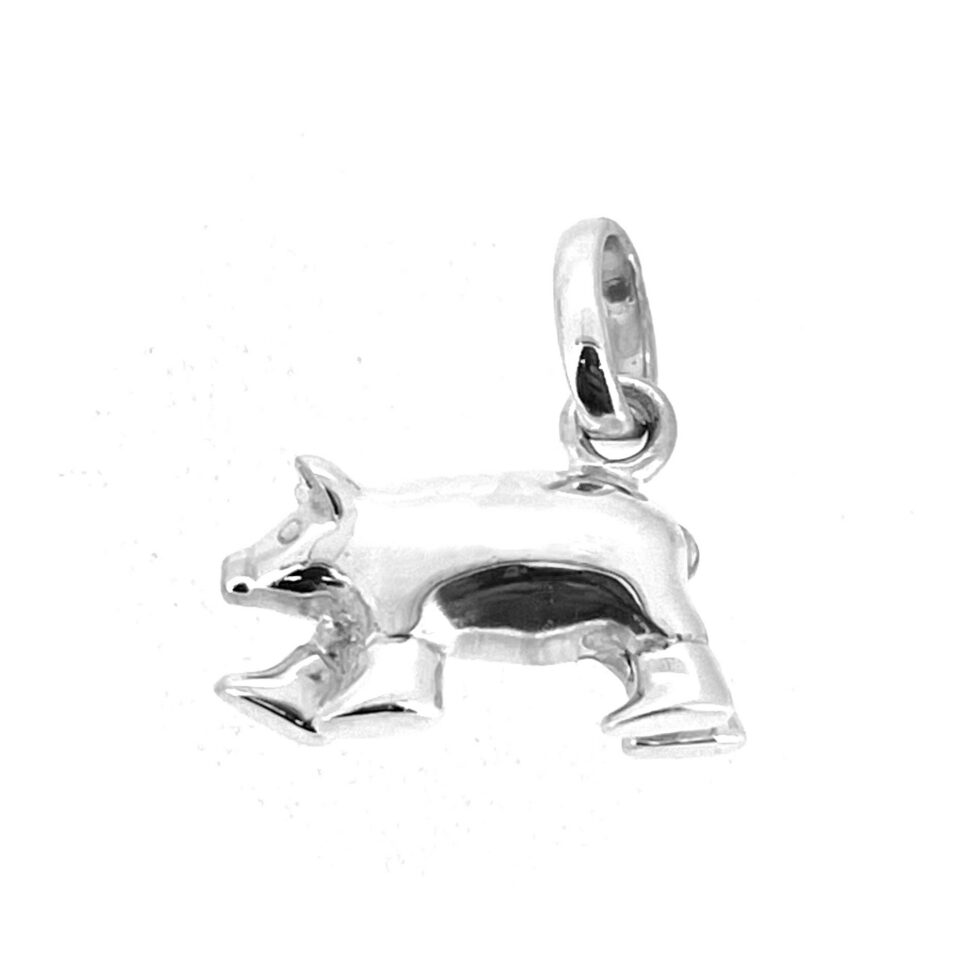 Silver pig wearing boots charm angled view