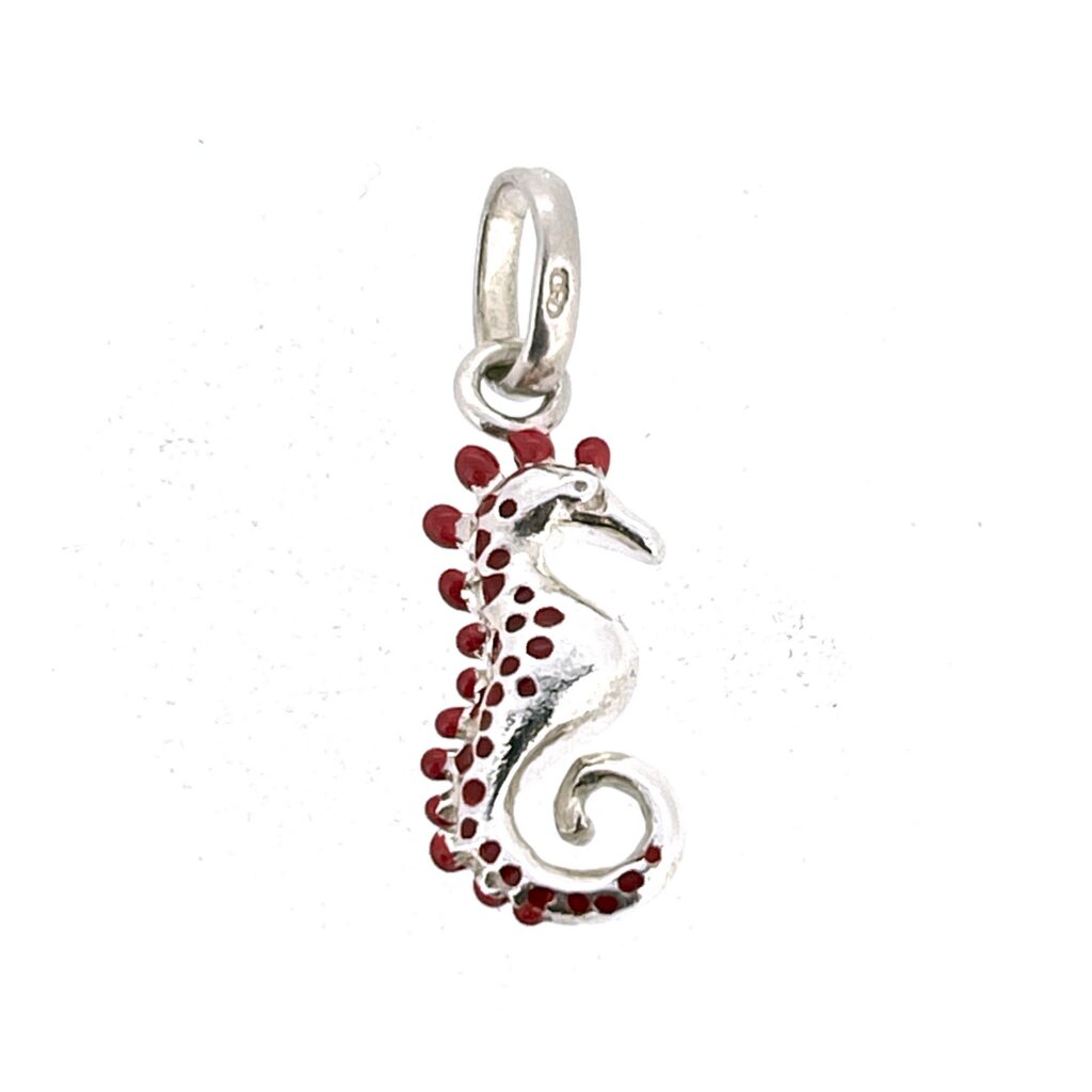 Vintage Links of London sterling silver red enamel seahorse charm front view