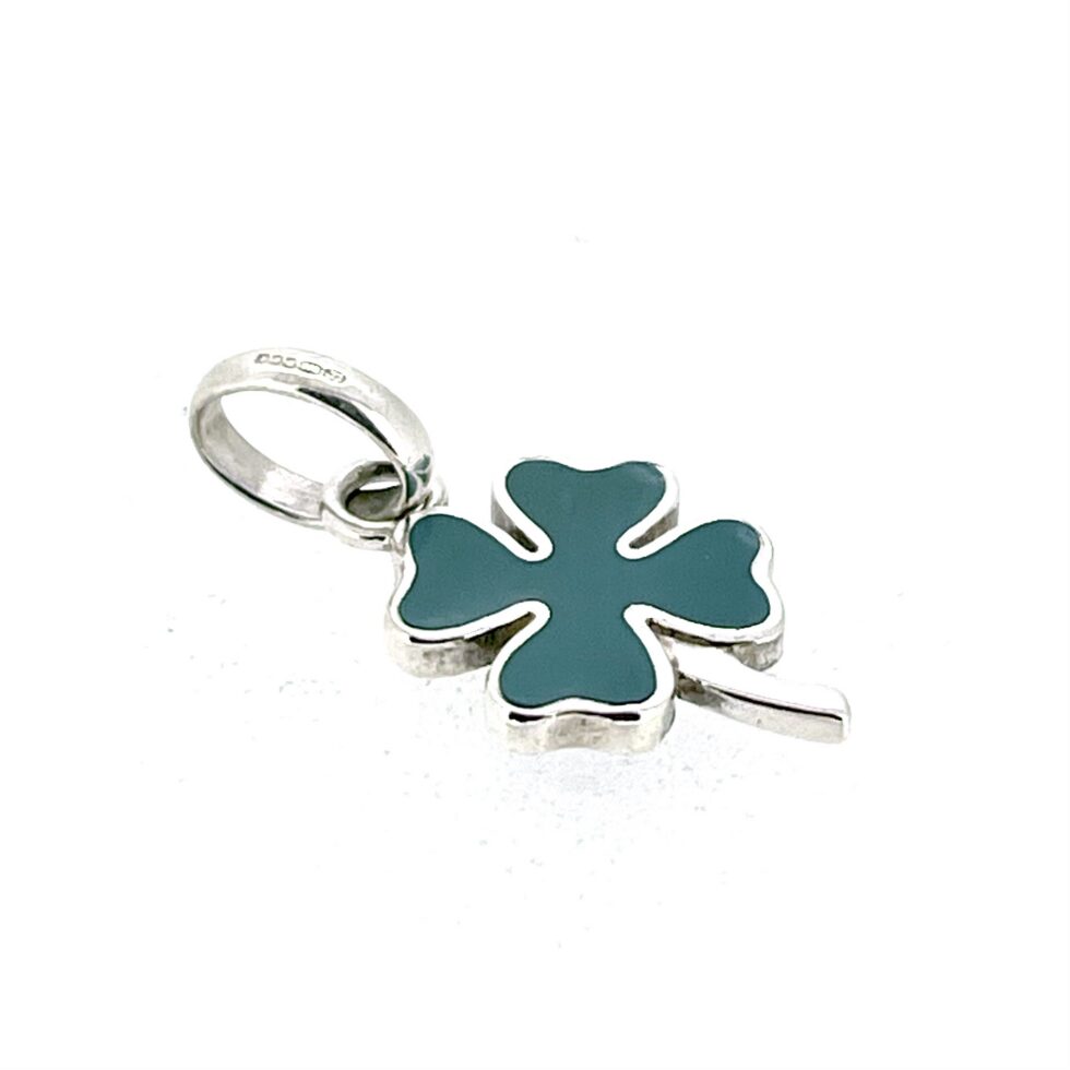 Links of London clover charm showing polished silver border