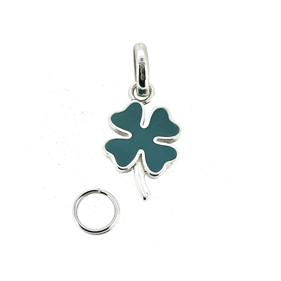 Polished silver four leaf clover charm with oval bail