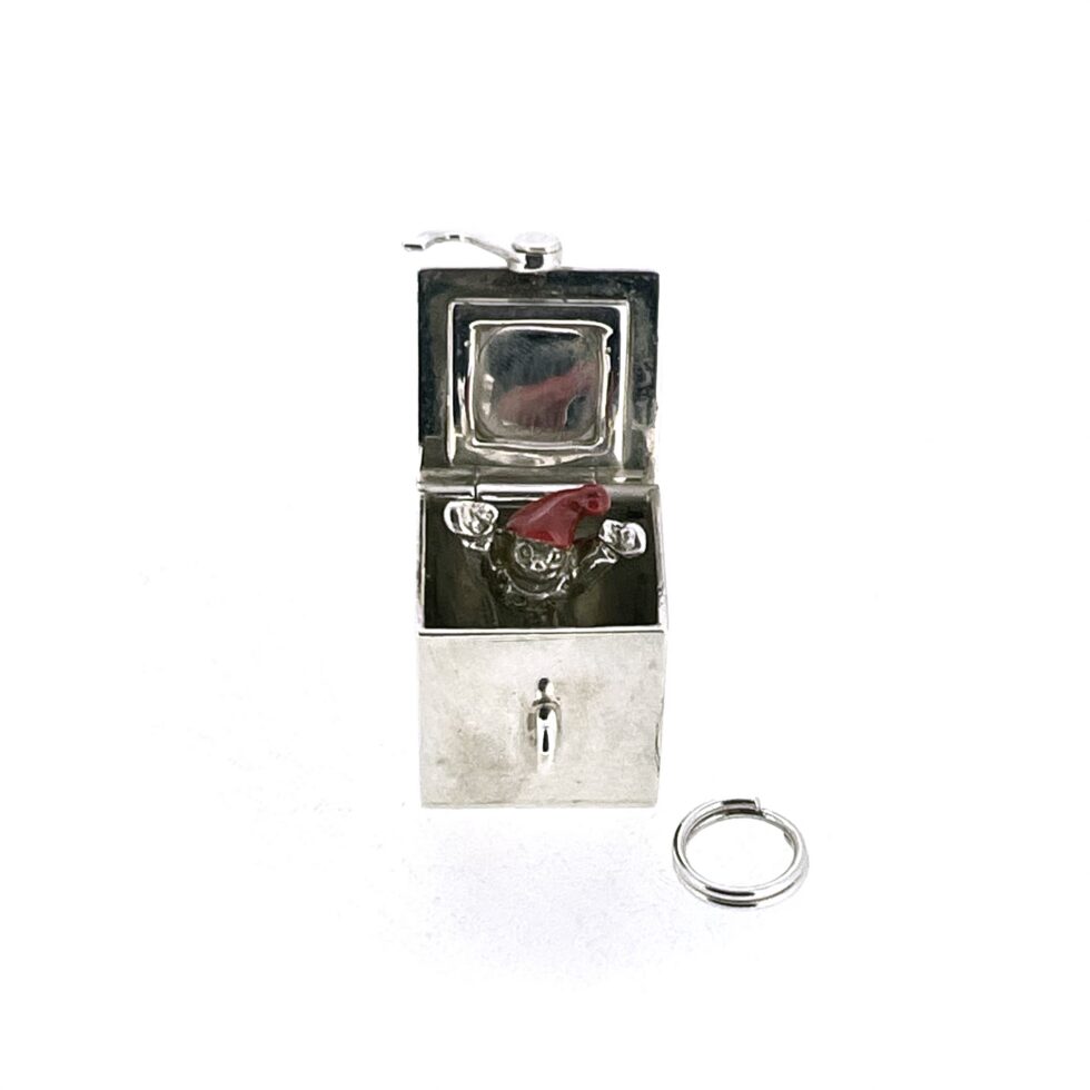Vintage silver Jack in the Box charm open with red enamel figure