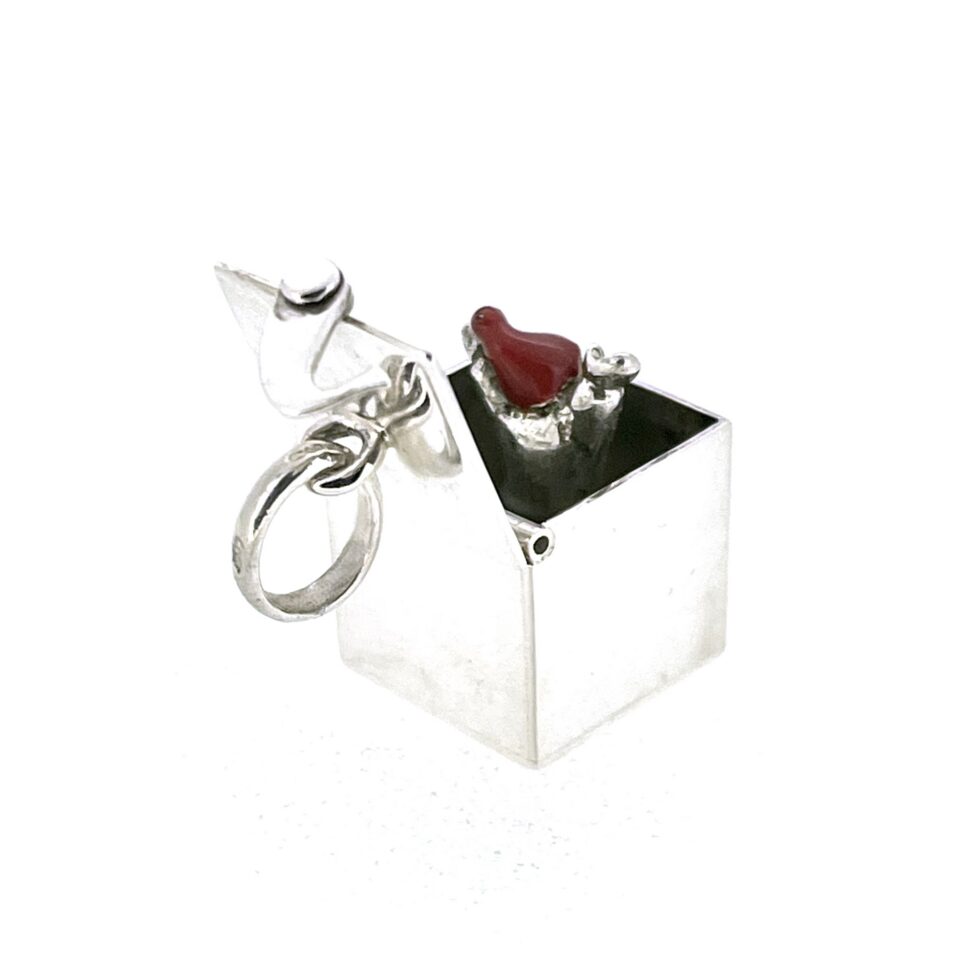 Vintage red enamel Jack figure inside silver box charm