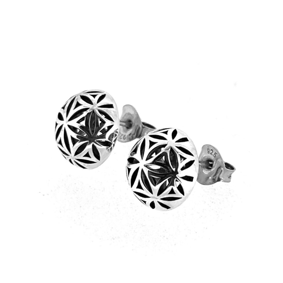 Vintage Links of London Sterling Silver Round Domed Earrings Geometric Floral Design