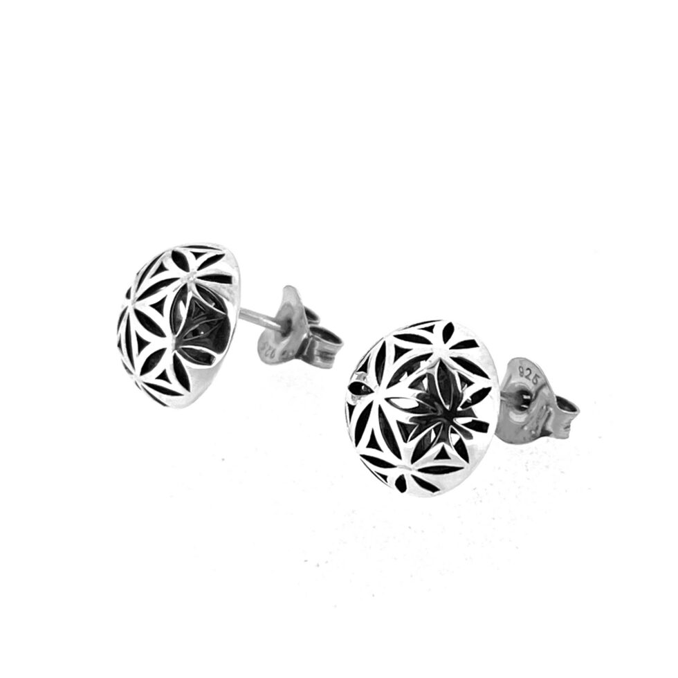 Vintage Links of London Sterling Silver Round Domed Earrings Geometric Floral Design