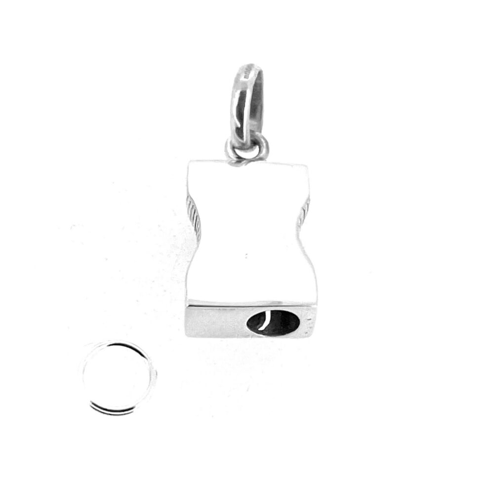 Pencil sharpener pendant showing 4mm circular opening