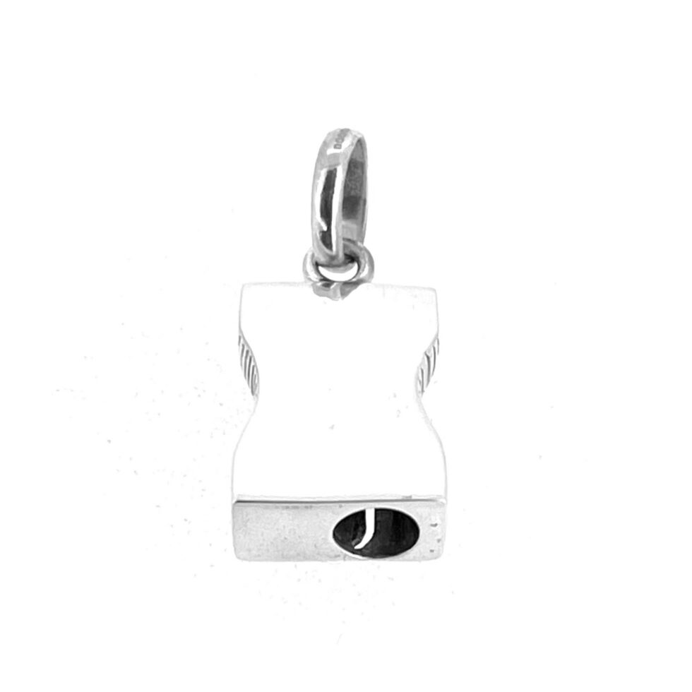 Silver pencil sharpener pendant angled view